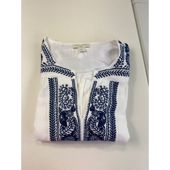 Saint Tropez West Embroidered Blouse Top White Blue Long Sleeve Boho Medium - Picture 10 of 12